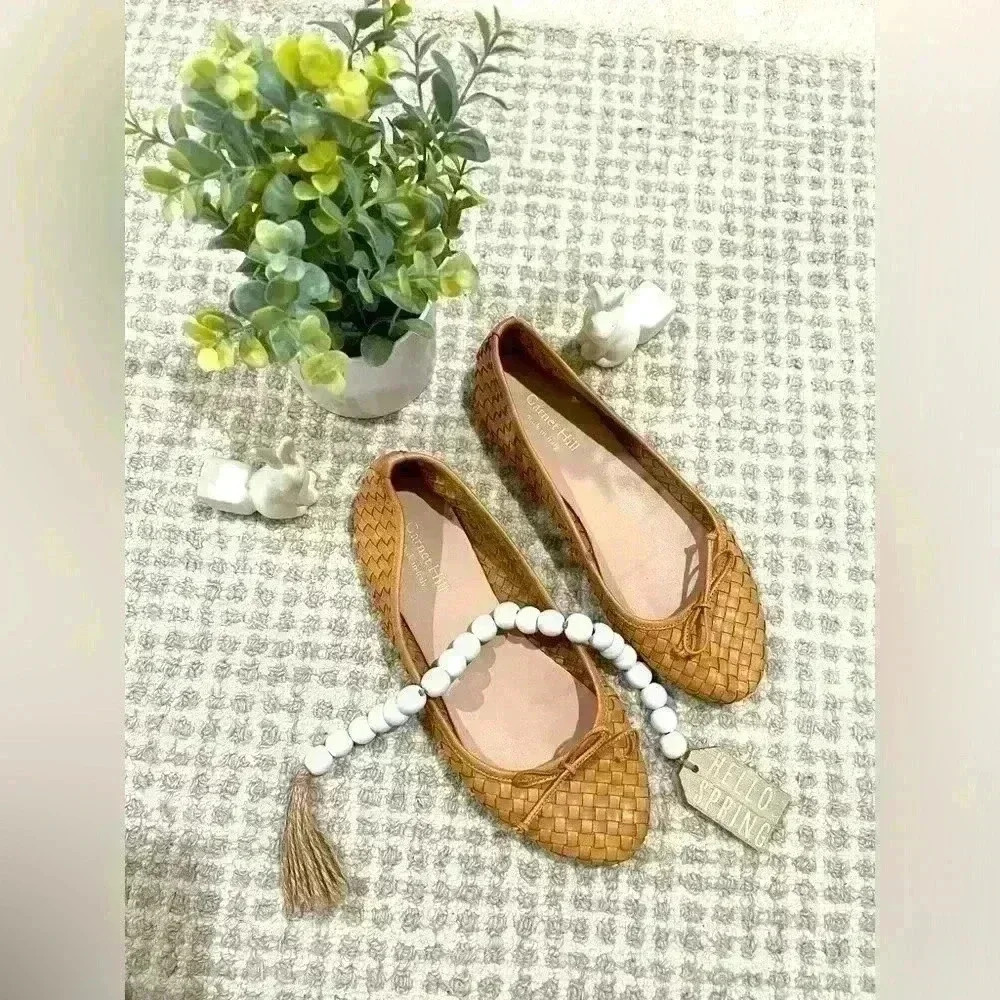 Garnet Hill Woven Leather Ballet Flats Tan Basket Weave Italy Size 7.5